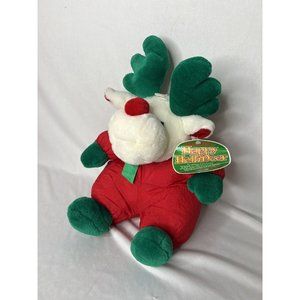 Happy Hollideer Nylon Reindeer Plush Soft Christmas Holiday Red Green 14"